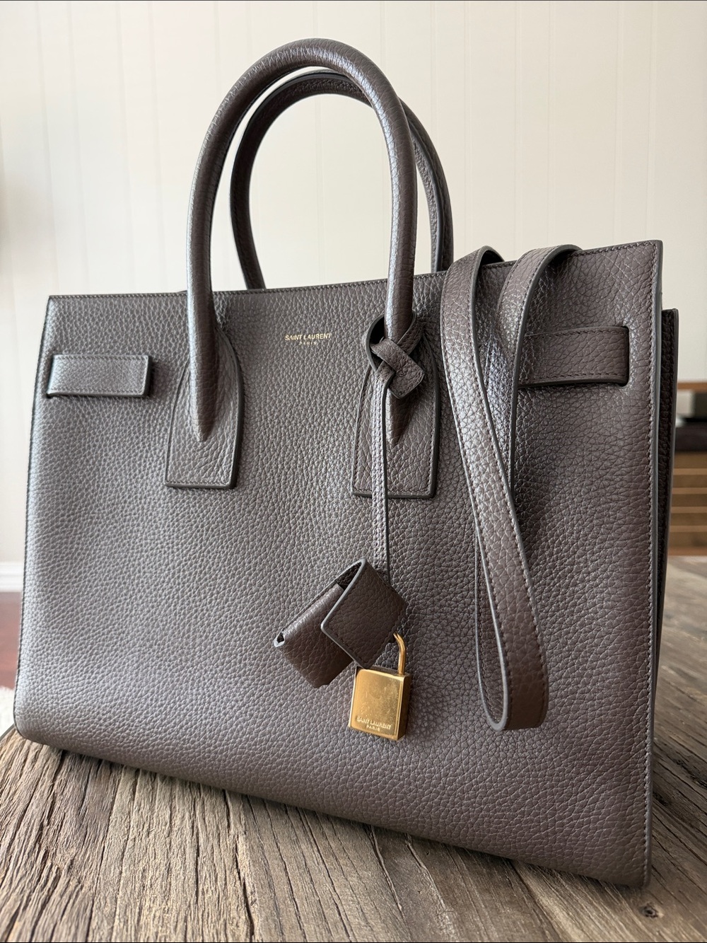Saint Laurent Sac De Jour Pebbled Leather Top-Handle Tote with Gold Hardware